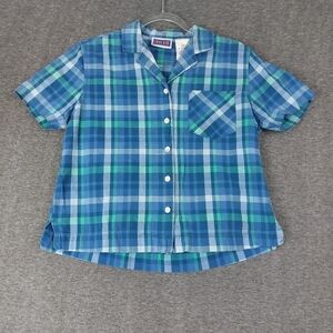 ERIKA & CO WOMENS VTG BLUE PLAID SHORT SLEEVE 100% COTTON BUTTON FRONT SHIRT M